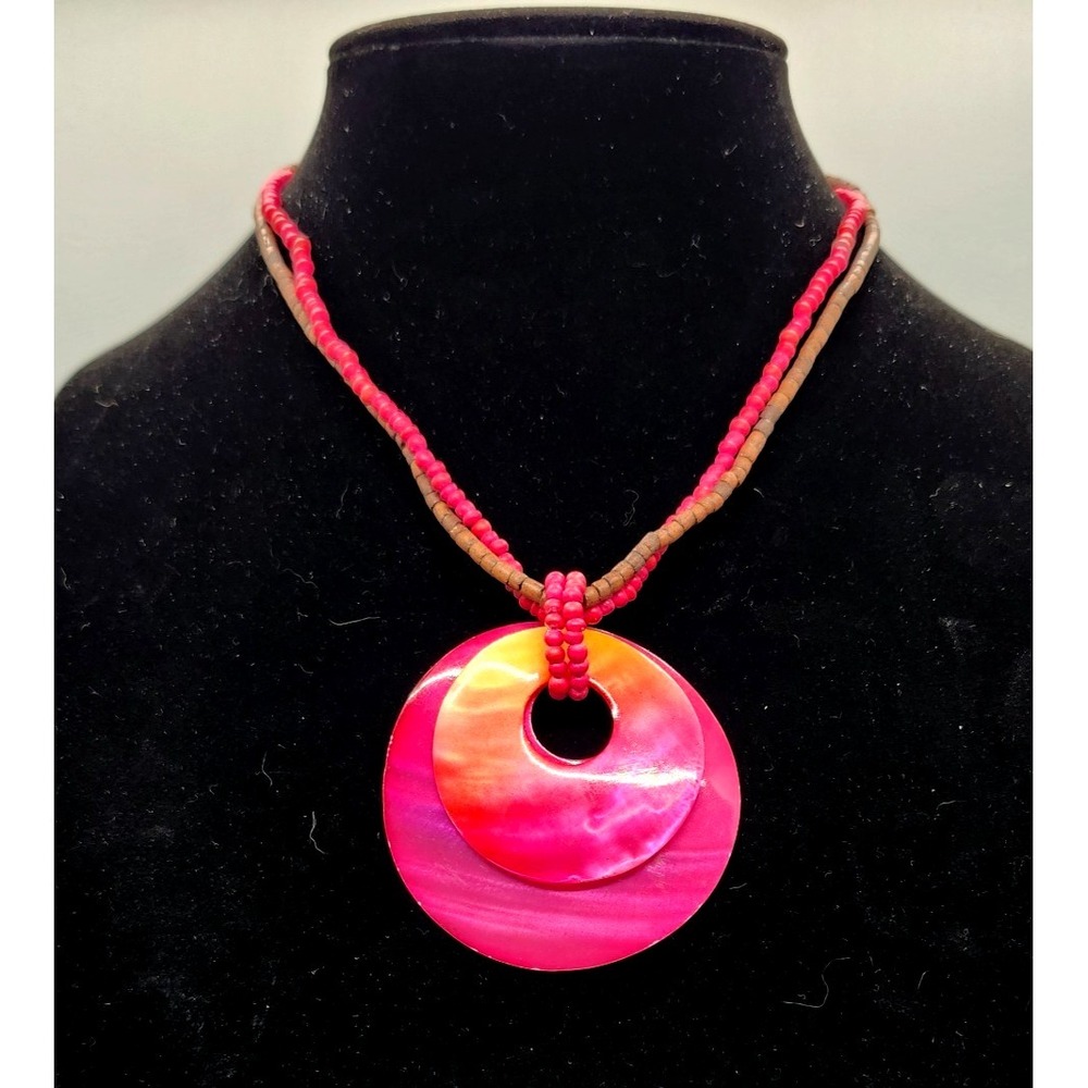 Necklace 80s‎ Style Long Hot Pink Seed Beads Oval Round Disco Night Club